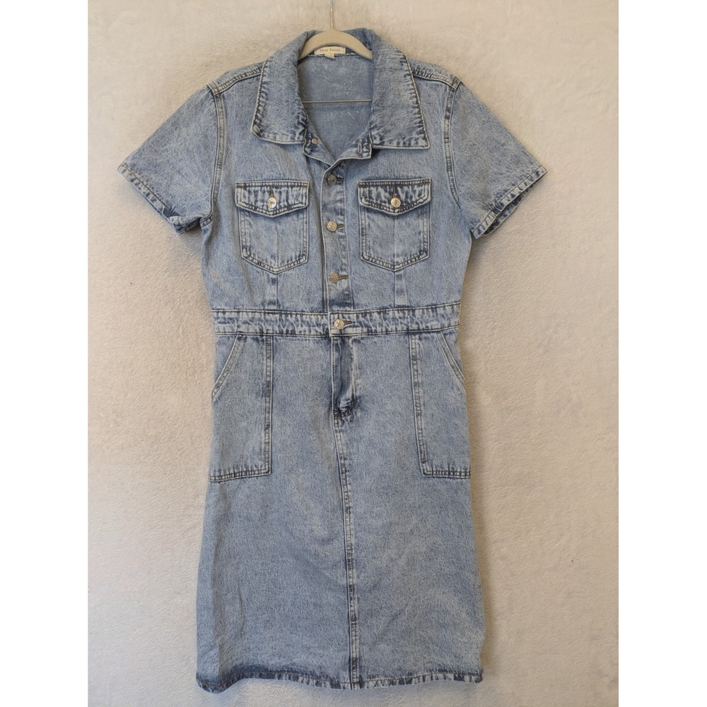 Shop Stevie Denim Dress Women's Large Light Blue Acid Wash Button Front Midi
